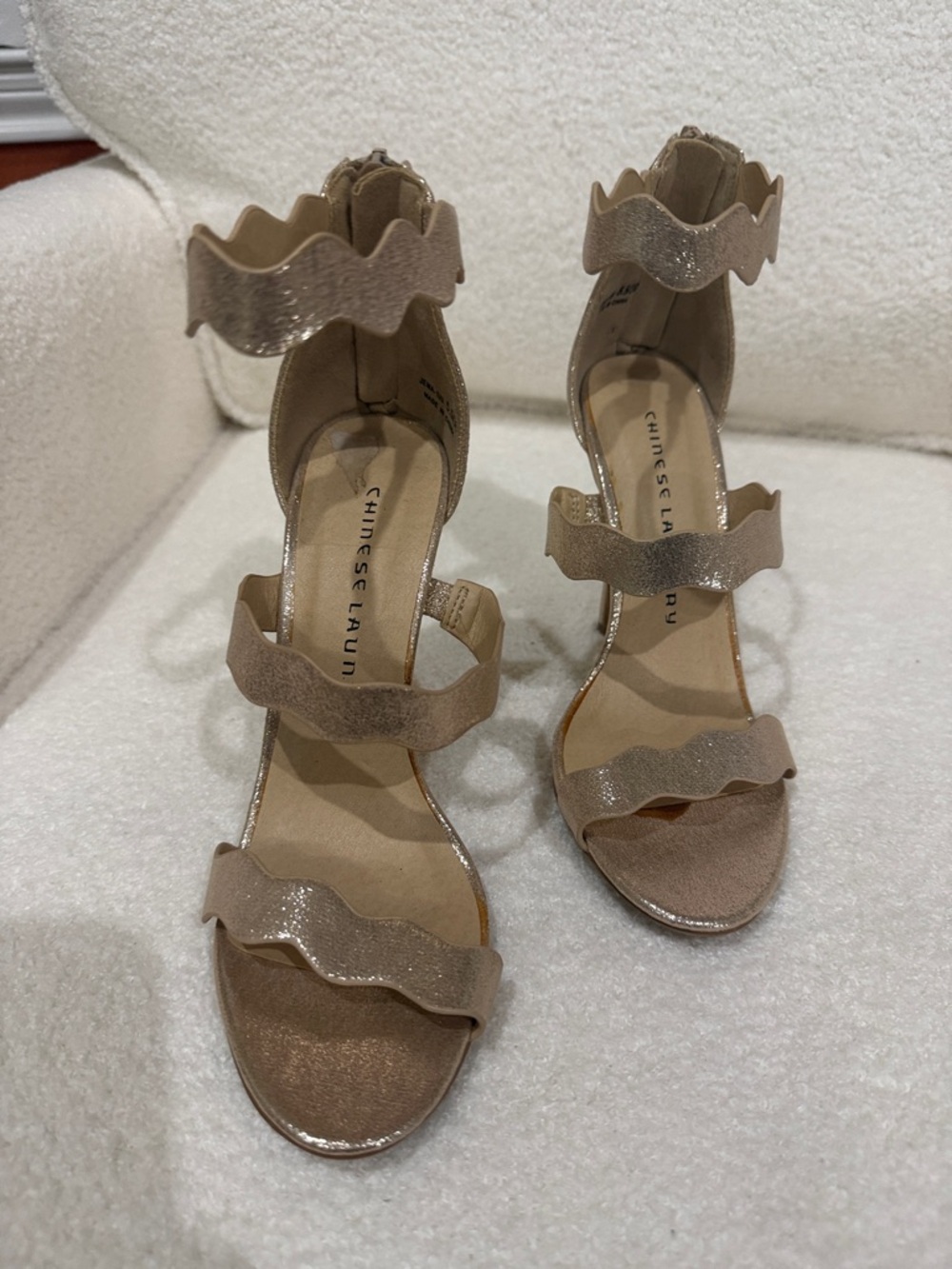 Chinese Laundry Shimmery Wavy Strap Block Heel Sandals in Nude